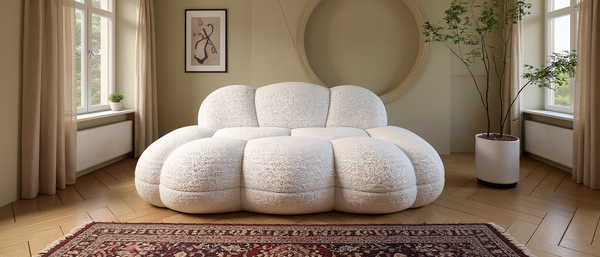 Luxurious Faux Shearling (Sherpa) Cloud-Shaped Couch. Deep seating and medium-soft foam fill.