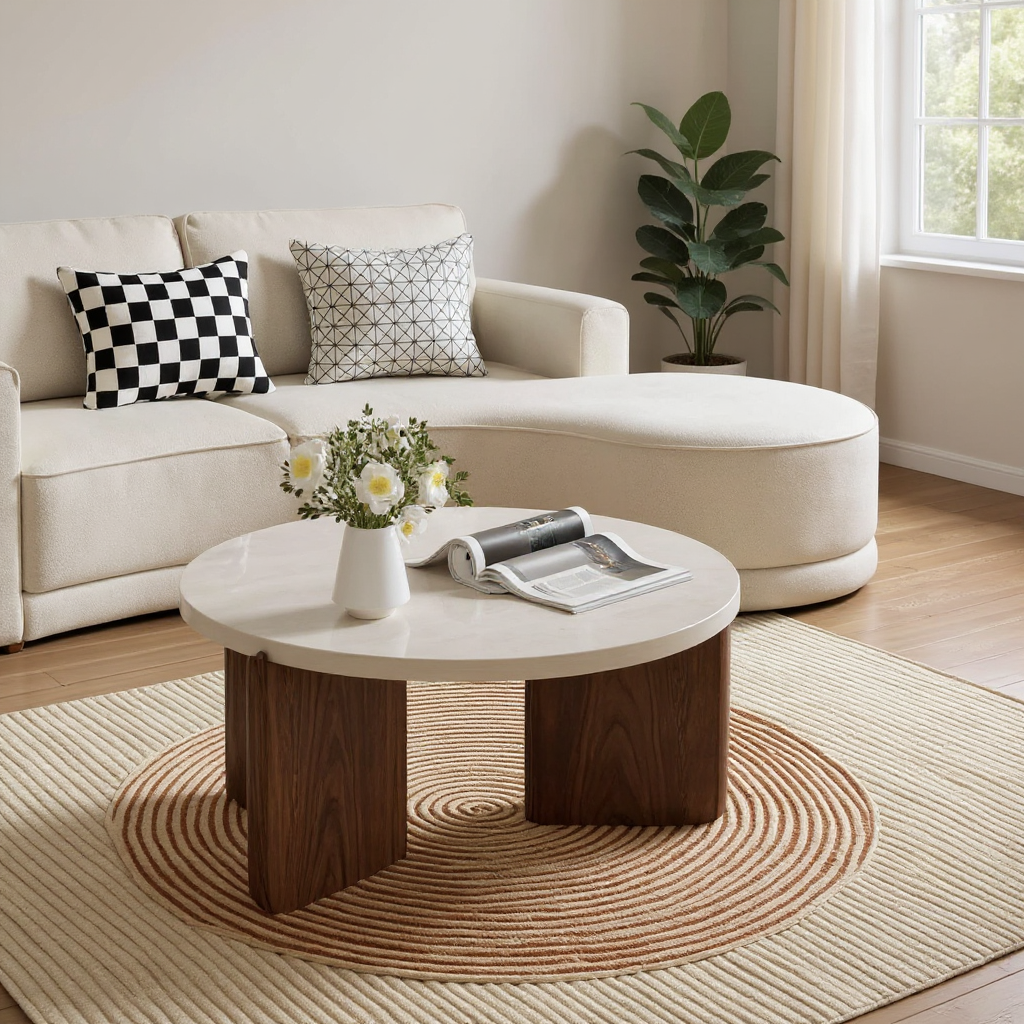 QUOAOT Round 28.5-inch Faux Travertine Texture Coffee Table, Modern minimalist design in beige.