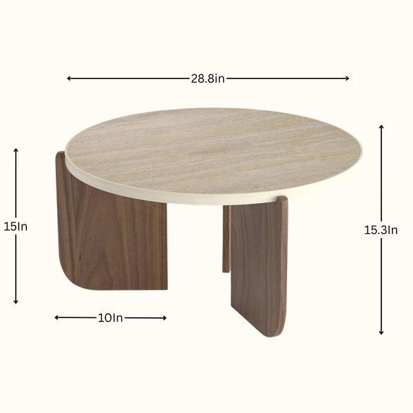 Side view showing the 28.5-inch height and scale of the round table next to typical living room seating.