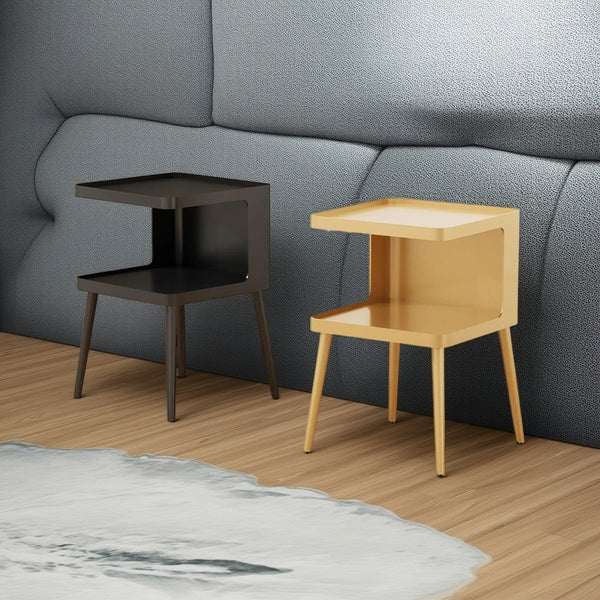 Black Metal Nightstand used both indoors next to a bed and outdoors on a balcony/patio.