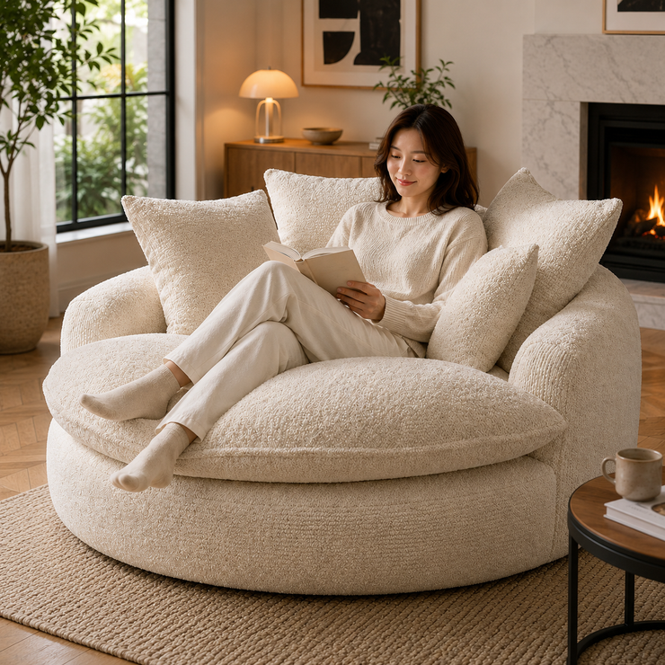 Modern Chenille Cloud Lounge Chair – Oversized Deep Seat Round Sofa with Double Armrests & No-Assembly Design