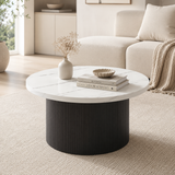 Mid-Century Modern Wood Coffee Table – Round Drum Center Table with Tambour Design