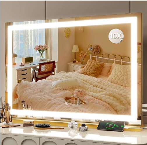 Hollywood Vanity Mirror – LED Makeup Mirror with Adjustable Brightness & 3 Color Lighting, Gold Frame