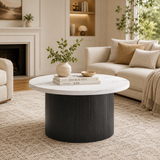 Mid-Century Modern Wood Coffee Table – Round Drum Center Table with Tambour Design