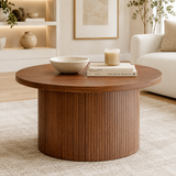 Mid-Century Modern Wood Coffee Table – Round Drum Center Table with Tambour Design