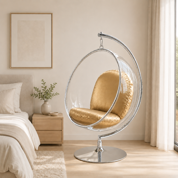 Designer Bubble Swing Chair with Stand, Chrome Finished with Faux Leather Cushion
