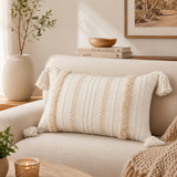 Modern Woven Pillow Cover – Tufted Lumbar Cushion with Tassels for Boho Home Décor