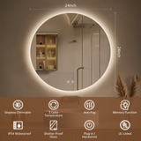 24" Round LED Bathroom Mirror – Backlit Anti-Fog Vanity Mirror with Stepless Dimming & 3 Color Lighting Modes