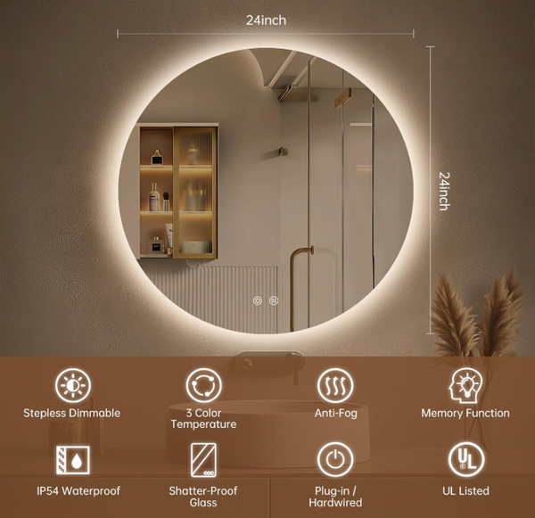 24" Round LED Bathroom Mirror – Backlit Anti-Fog Vanity Mirror with Stepless Dimming & 3 Color Lighting Modes