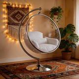 Designer Bubble Swing Chair with Gold Finished Stand, with Fluffy White Cushion