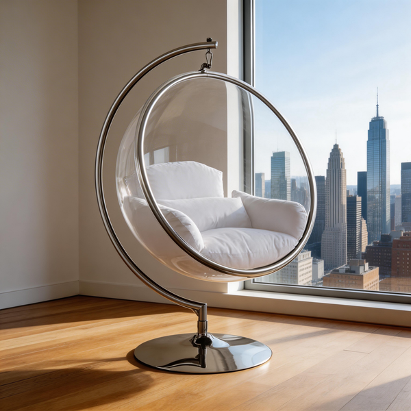 Designer Bubble Swing Chair with Gold Finished Stand, with Fluffy White Cushion