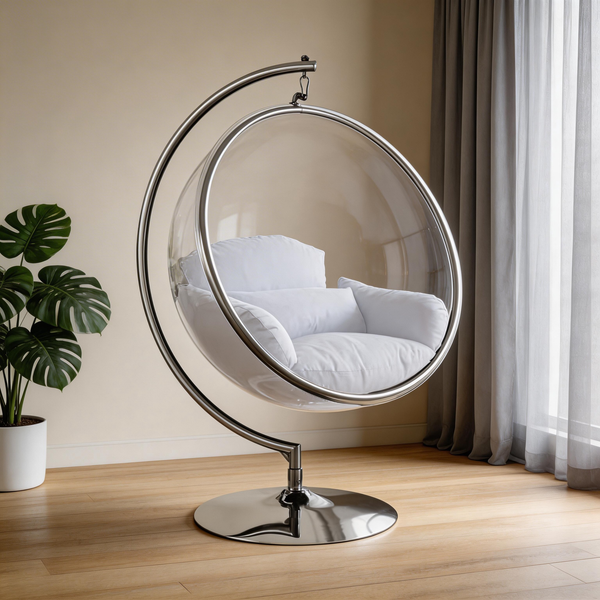 Designer Bubble Swing Chair with Gold Finished Stand, with Fluffy White Cushion