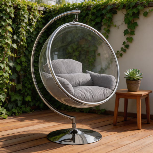 Designer Bubble Swing Chair with Gold Finished Stand, with Fluffy White Cushion