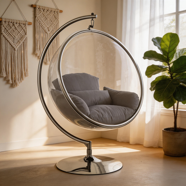 Designer Bubble Swing Chair with Gold Finished Stand, with Fluffy White Cushion