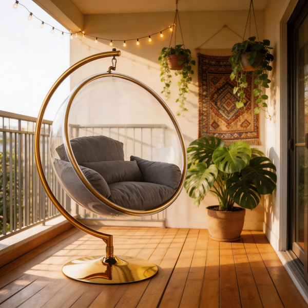 Designer Bubble Swing Chair with Gold Finished Stand, with Fluffy White Cushion
