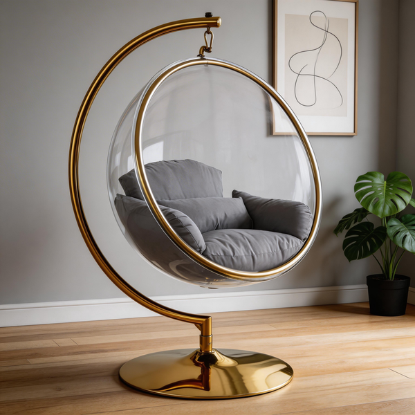 Designer Bubble Swing Chair with Gold Finished Stand, with Fluffy White Cushion
