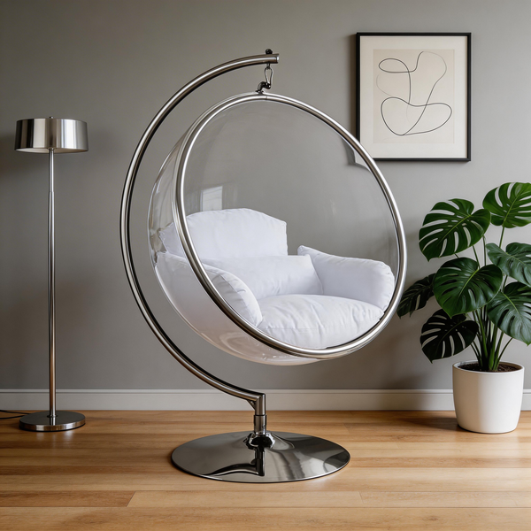 Designer Bubble Swing Chair with Gold Finished Stand, with Fluffy White Cushion