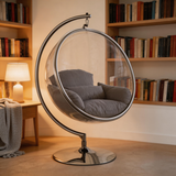 Designer Bubble Swing Chair with Gold Finished Stand, with Fluffy White Cushion