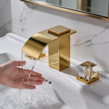 Polished Gold Waterfall Bathroom Sink Faucet, 3-Hole Widespread Deck Mount Faucet with Crystal Handles, Modern 2-Handle Lavatory Faucet for Vanity Sink