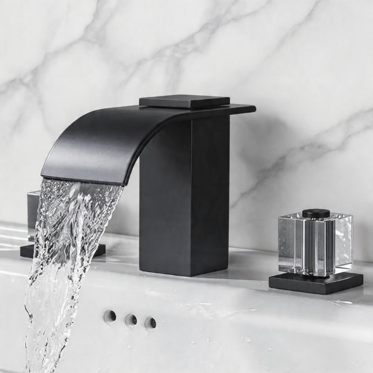 Polished Gold Waterfall Bathroom Sink Faucet, 3-Hole Widespread Deck Mount Faucet with Crystal Handles, Modern 2-Handle Lavatory Faucet for Vanity Sink