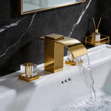 Polished Gold Waterfall Bathroom Sink Faucet, 3-Hole Widespread Deck Mount Faucet with Crystal Handles, Modern 2-Handle Lavatory Faucet for Vanity Sink