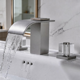 Polished Gold Waterfall Bathroom Sink Faucet, 3-Hole Widespread Deck Mount Faucet with Crystal Handles, Modern 2-Handle Lavatory Faucet for Vanity Sink