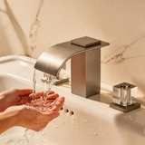 Polished Gold Waterfall Bathroom Sink Faucet, 3-Hole Widespread Deck Mount Faucet with Crystal Handles, Modern 2-Handle Lavatory Faucet for Vanity Sink