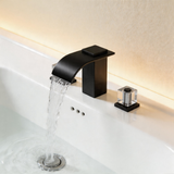 Polished Gold Waterfall Bathroom Sink Faucet, 3-Hole Widespread Deck Mount Faucet with Crystal Handles, Modern 2-Handle Lavatory Faucet for Vanity Sink