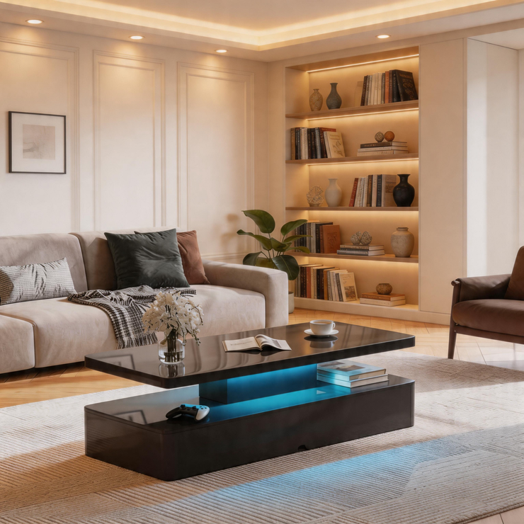 Modern High Gloss Coffee Table with LED Lighting – 2-Tier Rectangular Center Table with Storage, 40"/47" Living Room Table