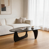 Modern Triangle Glass Coffee Table – Tempered Glass Top with Sculptural Wooden Base, Mid-Century Center Table for Living Room & Office