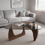 Modern Triangle Glass Coffee Table – Tempered Glass Top with Sculptural Wooden Base, Mid-Century Center Table for Living Room & Office