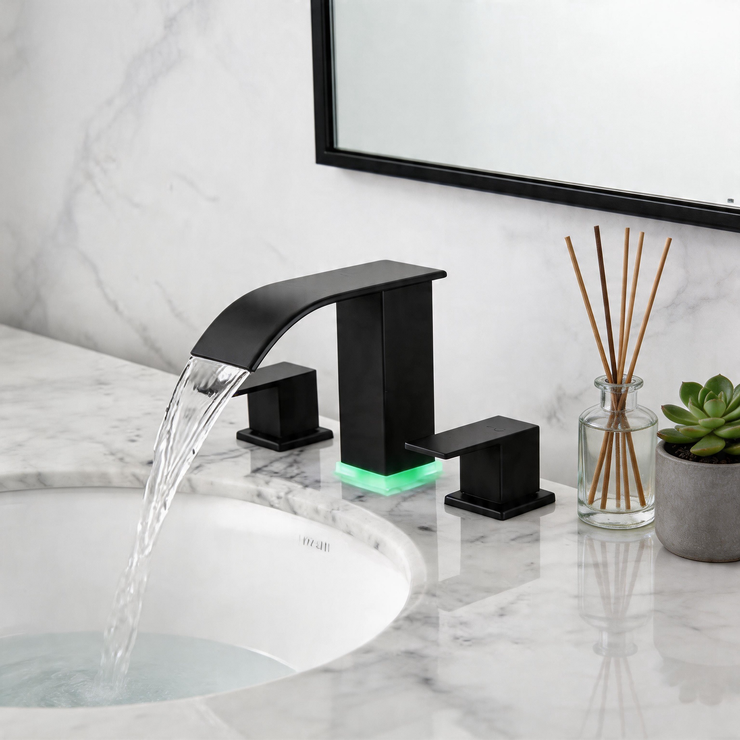 Brushed Nickel 3-Hole Bathroom Faucet with LED Waterfall Spout – 8" Widespread Modern Vanity Sink Faucet, 2-Handle Touch Control