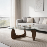 Modern Triangle Glass Coffee Table – Tempered Glass Top with Sculptural Wooden Base, Mid-Century Center Table for Living Room & Office