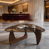 Modern Triangle Glass Coffee Table – Tempered Glass Top with Sculptural Wooden Base, Mid-Century Center Table for Living Room & Office