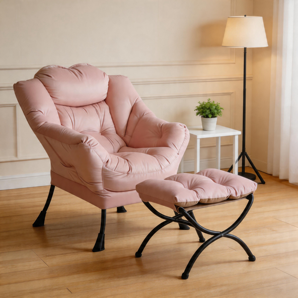 Modern Accent Chair with Ottoman, Lazy Chair with Footrest, Upholstered Reading Armchair with Side Pocket for Small Space Living Room Bedroom