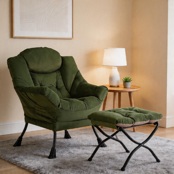 Modern Accent Chair with Ottoman, Lazy Chair with Footrest, Upholstered Reading Armchair with Side Pocket for Small Space Living Room Bedroom