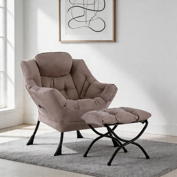 Modern Accent Chair with Ottoman, Lazy Chair with Footrest, Upholstered Reading Armchair with Side Pocket for Small Space Living Room Bedroom