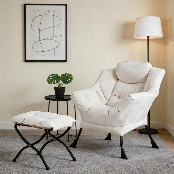 Modern Accent Chair with Ottoman, Lazy Chair with Footrest, Upholstered Reading Armchair with Side Pocket for Small Space Living Room Bedroom