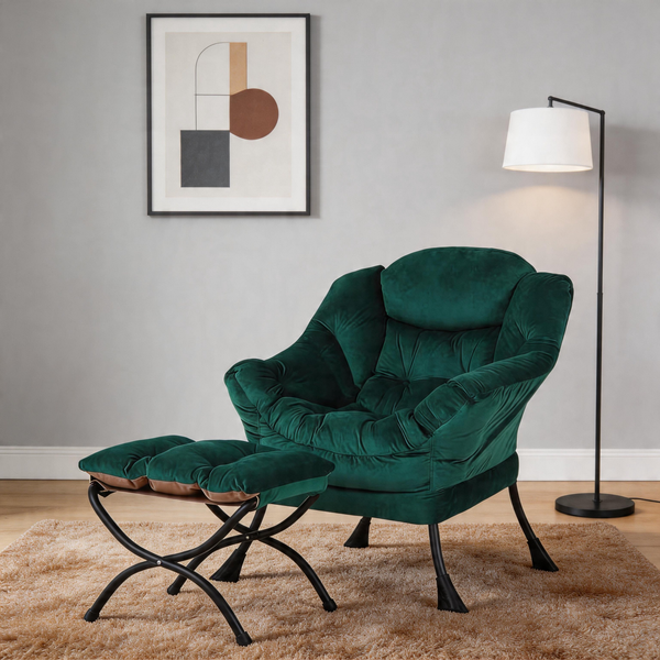 Modern Accent Chair with Ottoman, Lazy Chair with Footrest, Upholstered Reading Armchair with Side Pocket for Small Space Living Room Bedroom