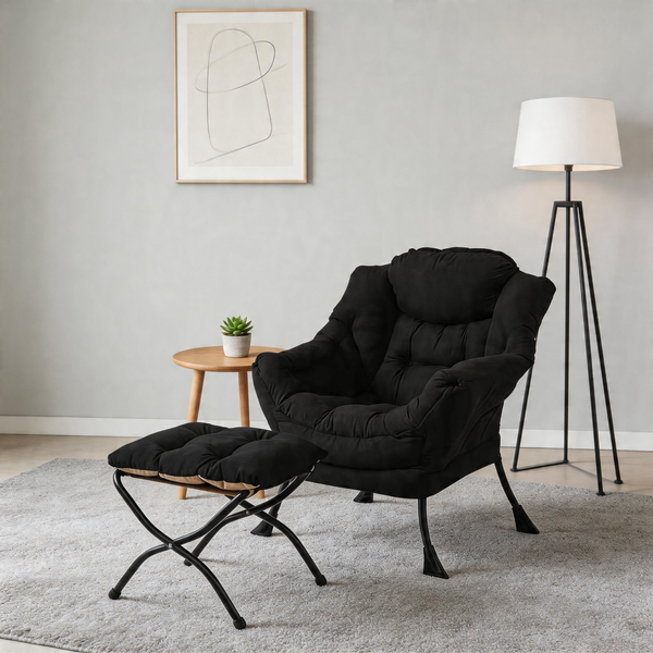 Modern Accent Chair with Ottoman, Lazy Chair with Footrest, Upholstered Reading Armchair with Side Pocket for Small Space Living Room Bedroom