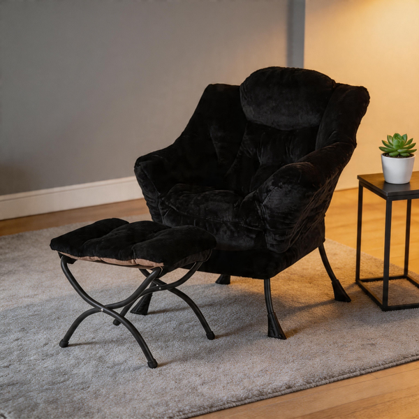 Modern Accent Chair with Ottoman, Lazy Chair with Footrest, Upholstered Reading Armchair with Side Pocket for Small Space Living Room Bedroom