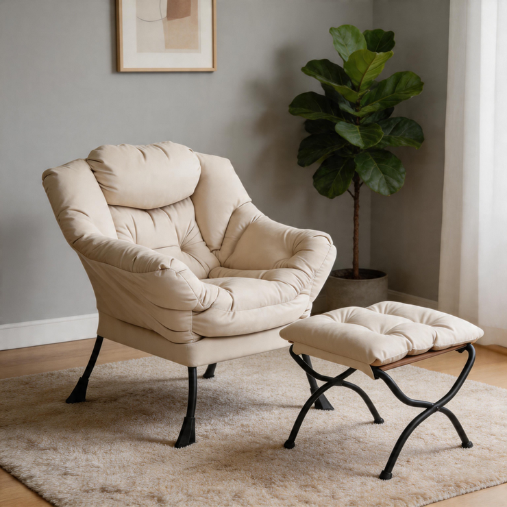 Modern Accent Chair with Ottoman, Lazy Chair with Footrest, Upholstered Reading Armchair with Side Pocket for Small Space Living Room Bedroom