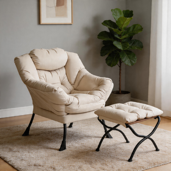 Modern Accent Chair with Ottoman, Lazy Chair with Footrest, Upholstered Reading Armchair with Side Pocket for Small Space Living Room Bedroom