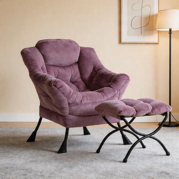 Modern Accent Chair with Ottoman, Lazy Chair with Footrest, Upholstered Reading Armchair with Side Pocket for Small Space Living Room Bedroom
