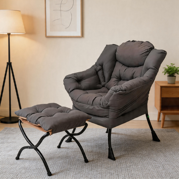 Modern Accent Chair with Ottoman, Lazy Chair with Footrest, Upholstered Reading Armchair with Side Pocket for Small Space Living Room Bedroom