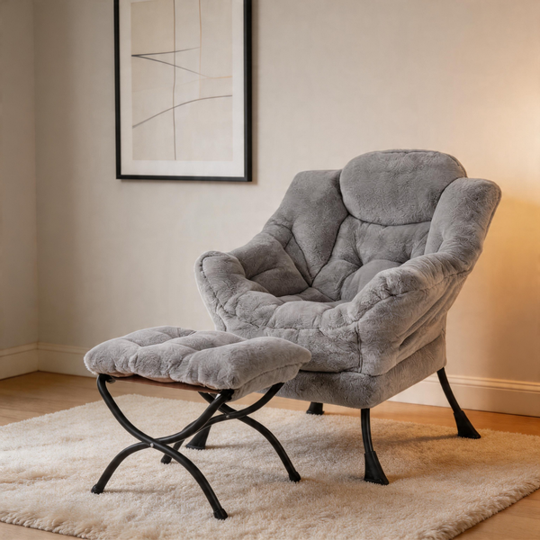 Modern Accent Chair with Ottoman, Lazy Chair with Footrest, Upholstered Reading Armchair with Side Pocket for Small Space Living Room Bedroom