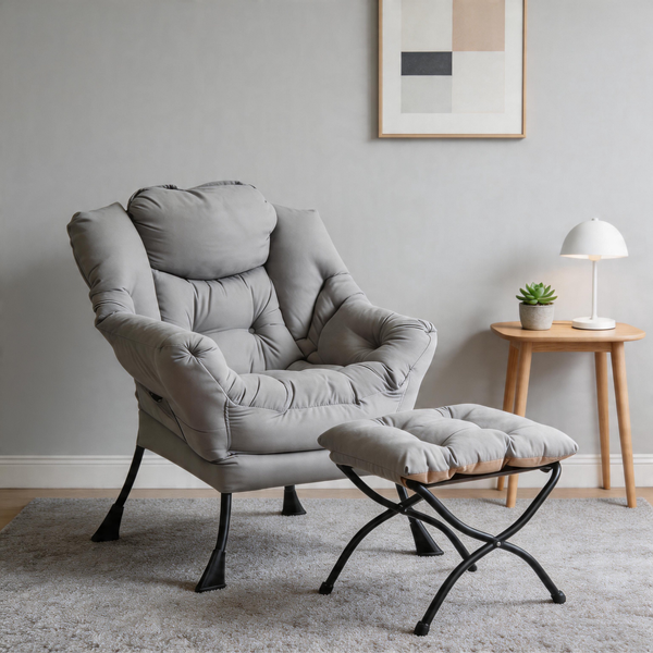 Modern Accent Chair with Ottoman, Lazy Chair with Footrest, Upholstered Reading Armchair with Side Pocket for Small Space Living Room Bedroom