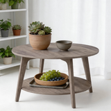 Round Center Table with Tapered Legs | Honey Brown Wood & Curved Transitions