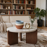 Round Marble Coffee Table – Faux Marble Top with Walnut Wood Legs