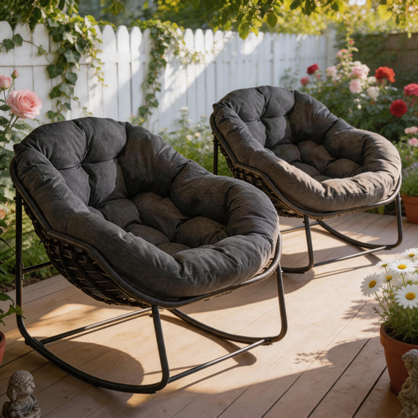 Outdoor Papasan Rocking Chair – Rattan Egg Lounge Chair with Cushion